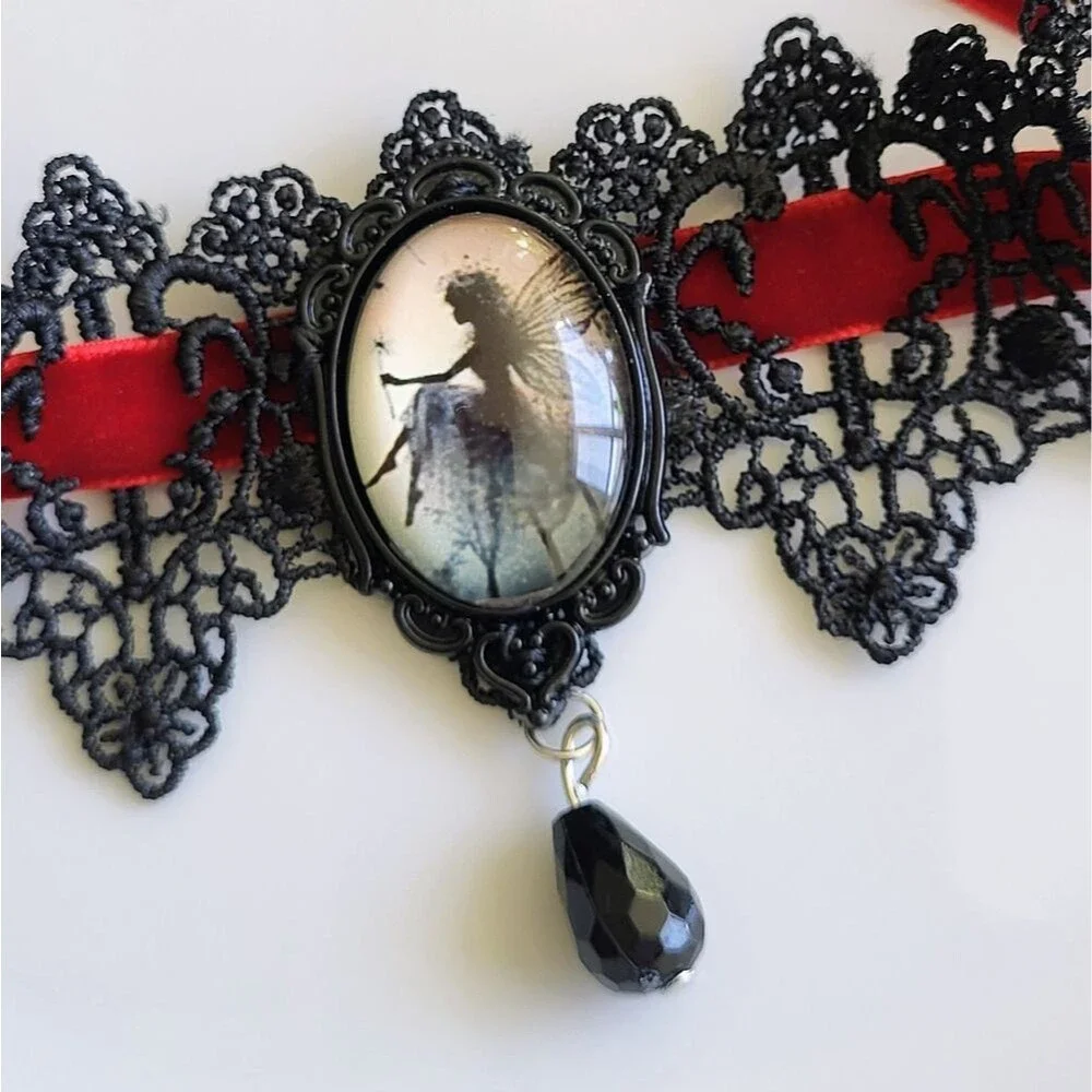 Gothic Fairy Cameo Lace Choker – Black Lace & Red Velvet Ribbon Necklace